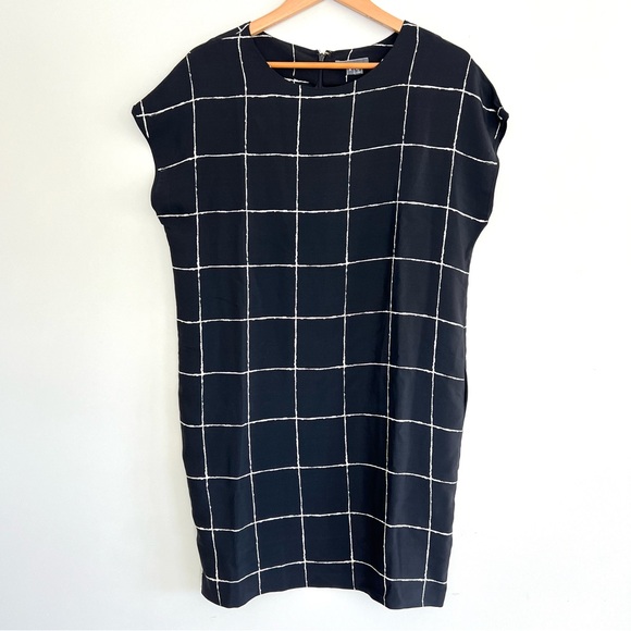 VINCE 100% Silk Black White Windowpane Print Side Pockets Mini Shift Dress Sz M - Picture 3 of 15